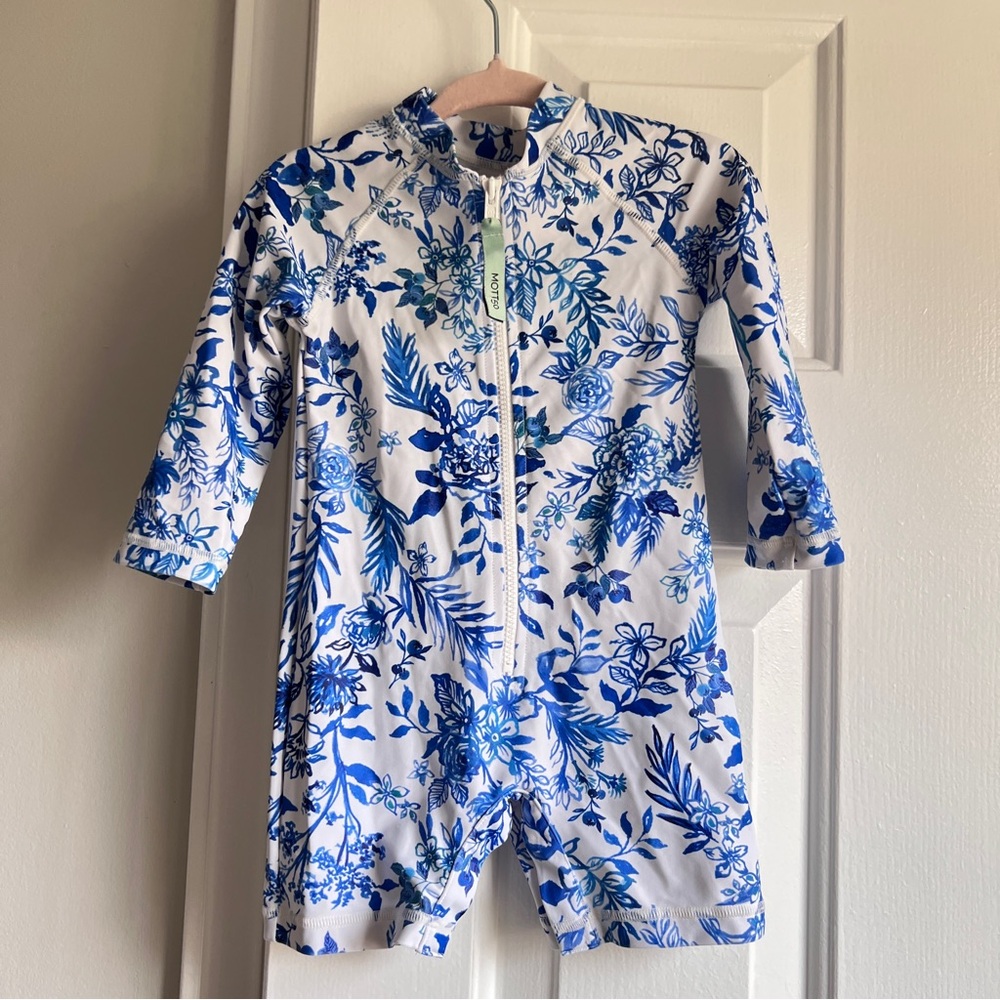 Mott 50 Blue Floral Kids Rash Guard One-Piece Swimsuit - Berry Fields